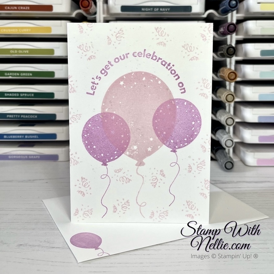 Note card with 1 large and 2 smaller balloons stamped with Bubble Bath and Fresh Freesia ink. The sentiment is Let's get our celebration on
