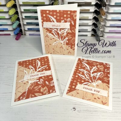 3 Note Cards with fun patchwork backgrounds – using Inked Botanicals DSP