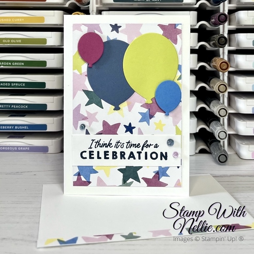 Note card with Bright & Beautiful designer series paper and balloons die cut from brightly coloured card. The sentiment is I think it's time for a celebration
