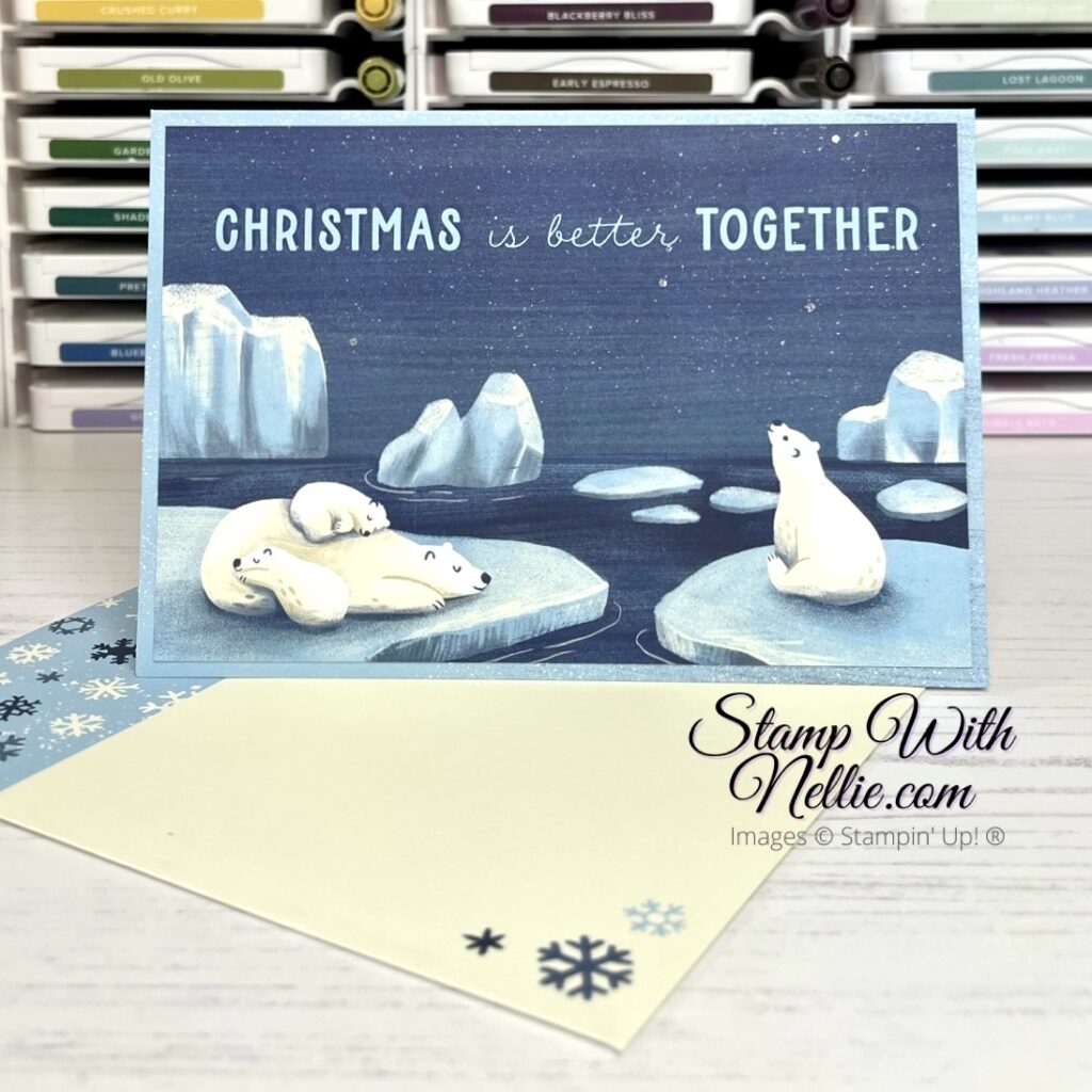 Christmas card with a polar bear family and the text says Christmas is better together