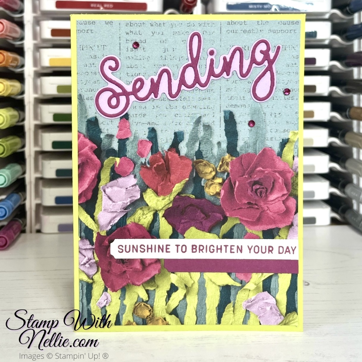 Brightly coloured card that says sending sunshine to brighten your day