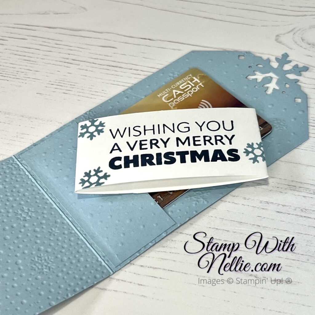Photo of the Christmas Gift Card Holder open and a plastic money card inside