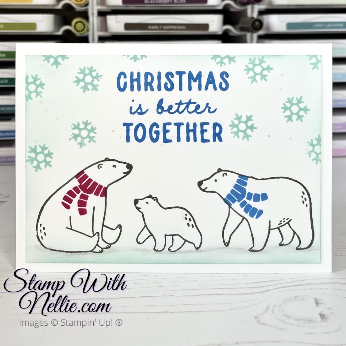 Christmas card with 3 polar bears in a row.  The sentiment reads Christmas Is Better Together.