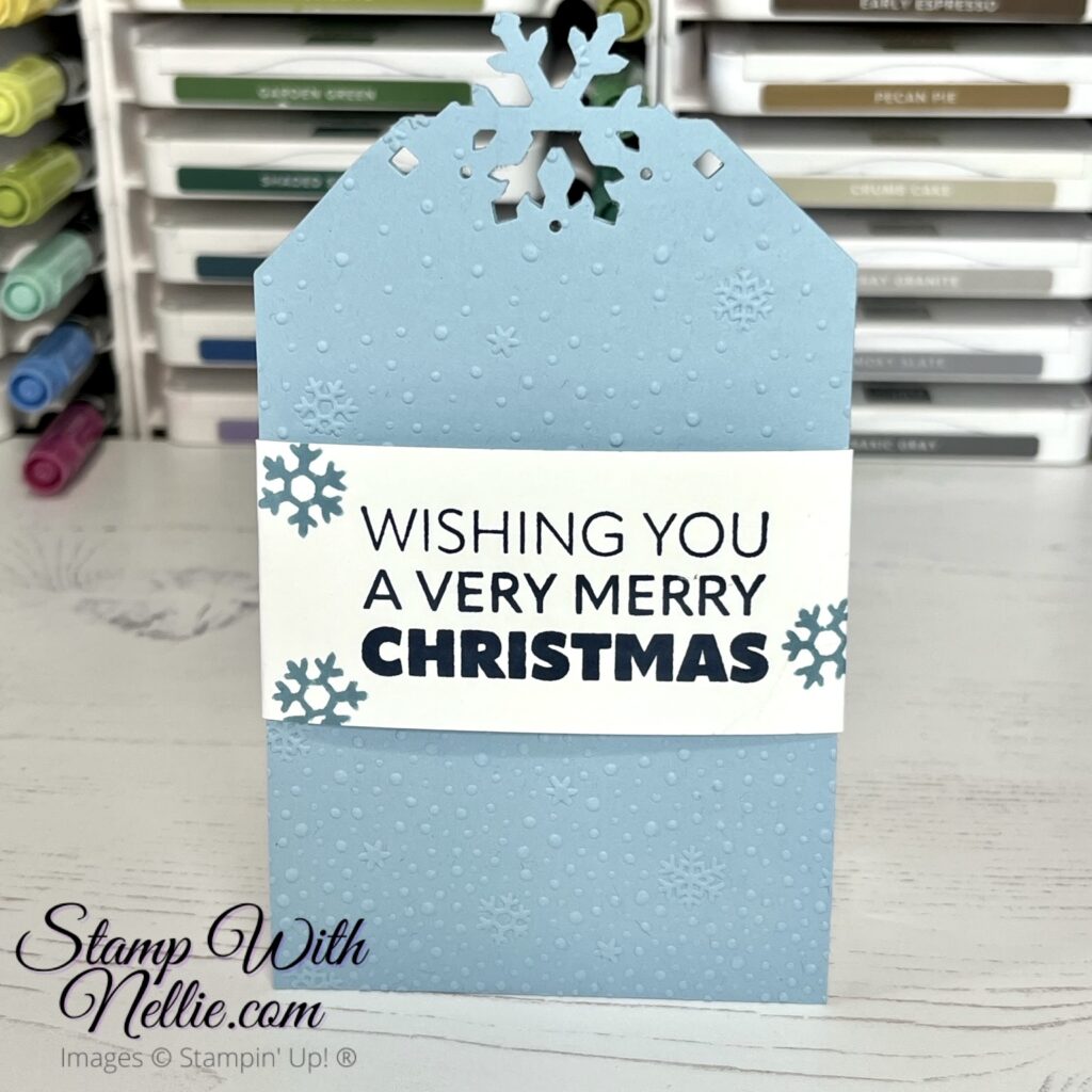 blue Christmas gift card holder with Wishing You A Very Merry Christmas stamped in blue ink on white card across the middle