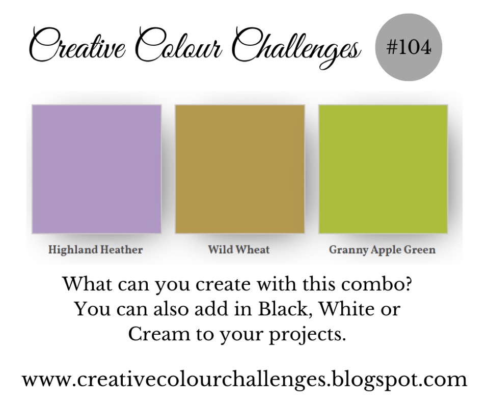 logo for the Creative Colour Challenge number 104.  The colours are Highland Heather, Wild Wheat and Granny Apple Green.