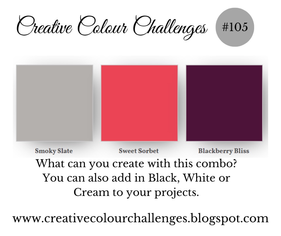 Creative Colour Challenges logo. The colours are Smoky Slate, Sweet Sorbet and Blackberry Bliss.