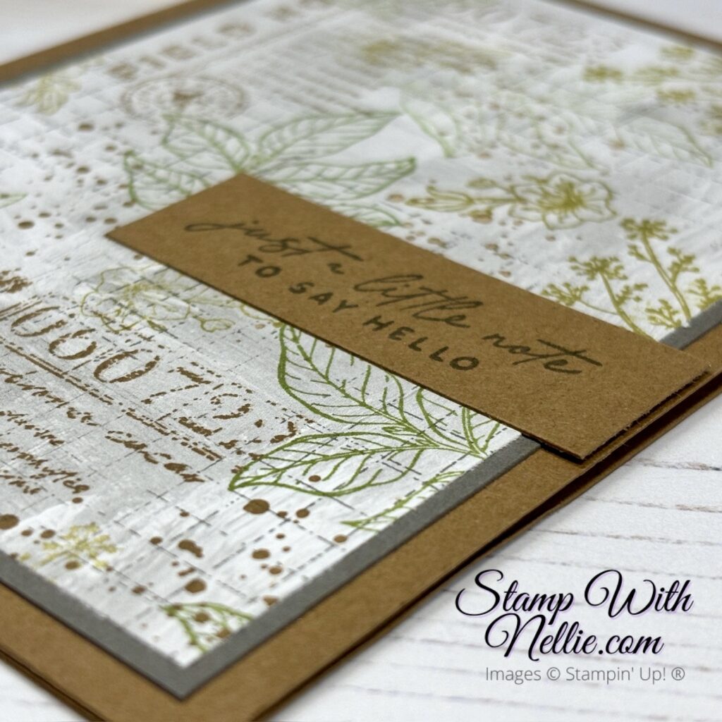Close up of the sentiment panel on the Notes of Nature #simplestamping card.  It reads Just a little Note to say Hello.